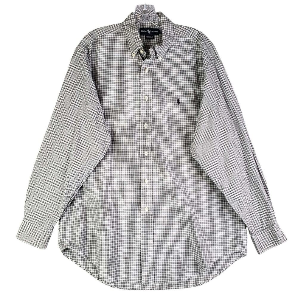 Polo Ralph Lauren Shirt Oxford Button Down Size 16 Large L White Black Plaid LS